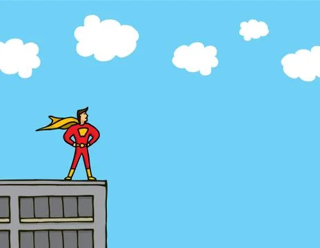 Superhero standing on a building ledge Stock Illustration