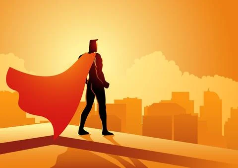 Superhero standing on the edge of a building Stock Illustration