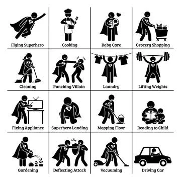 Superhero stick figures performing everyday chores like cooking, cleaning, .. Stock Illustration