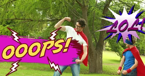 Superhero-themed text animation OOPS! and LOL over people in park Stock Footage 304021481