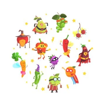 Superhero Vegetables Pattern of Round Shape, Funny Vegetables Dressed in Stock Illustration
