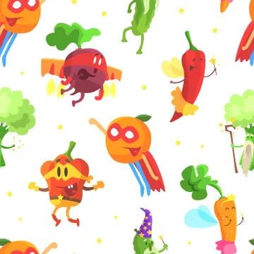 Superhero Vegetables Seamless Pattern, Funny Vegetables Dressed in Superhero Illustrazione stock
