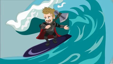 Superhero viking with magic axe sliding on sea wave Stock Illustration