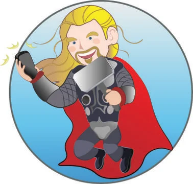Superhero viking with magic hammer taking selfie Stock Illustration