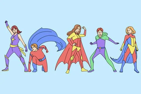 Superheroes in costumes posing Stock Illustration