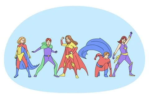 Superheroes in costumes posing Stock Illustration