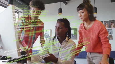 Superimposed code initiating creative team adjusting DSLR dials, pointing at 動画素材 311585498