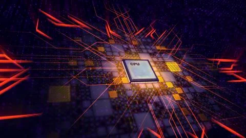A superior 3d illustration of a grey CPU microprocessor put aslant in the bla Stock Illustration