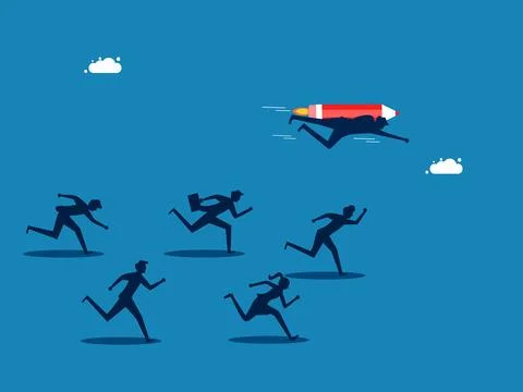 Superior learning. Businessman flies with a rocket pencil over the crowd Stock Illustration