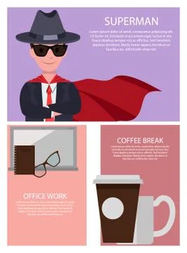Superman and Office Work, Vector Illustration Stock Illustration
