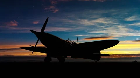 Supermarine Spitfire 3D model on ground dusring sunrise with time lapse cloud Stock Footage 49415986
