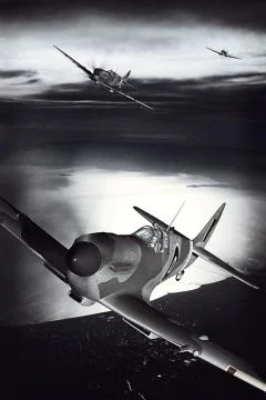 Supermarine Spitfire during flight over a harbor Stock Illustration