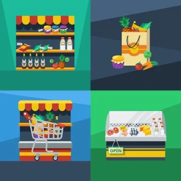 Supermarket 2x2 Flat Design Concept Stock Illustration