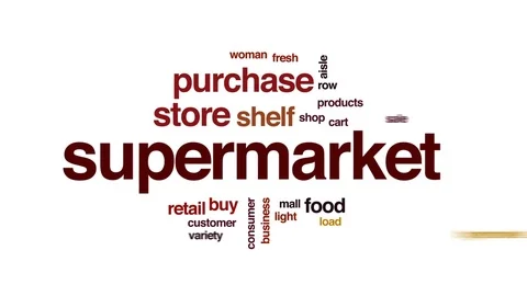 Supermarket animated word cloud, text design animation. Stock Footage