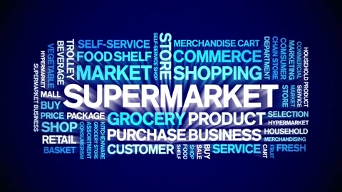 Supermarket animated word cloud,animation text kinetic typography seamless loop Stock Footage 251265636