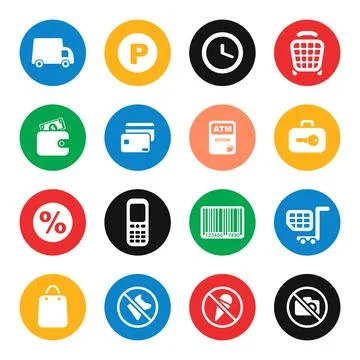 Supermarket customer services colourful vector icon set Stock Illustration