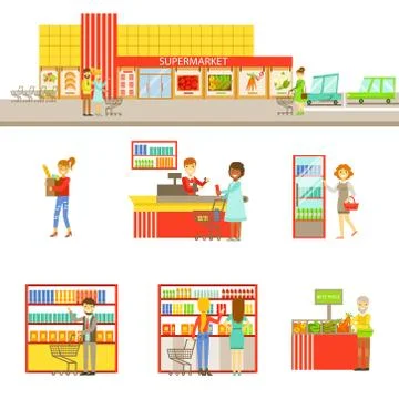 Supermarket Exterior And People Shopping Set Of Illustrations Stock Illustration