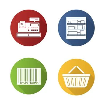Supermarket flat design long shadow icons set Illustrazione stock