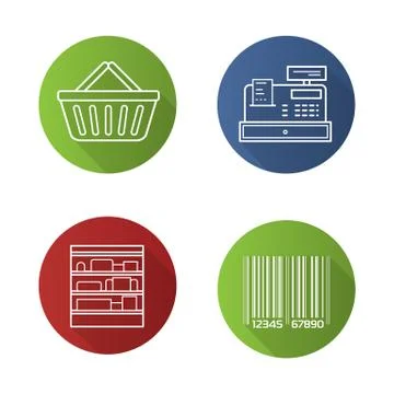 Supermarket flat linear long shadow icons set Illustrazione stock