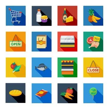 Supermarket Flat Shadow Icons In Colorful Squares Stock Illustration