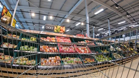 Supermarket fruit and vegetables section view from a shopping cart Stock Footage 108605404