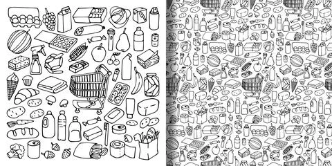 Supermarket hand drawn objects set and seamless pattern Stock Illustration
