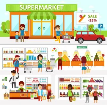 Supermarket infographic elements. Flat vector design illustration. People choose イラスト素材