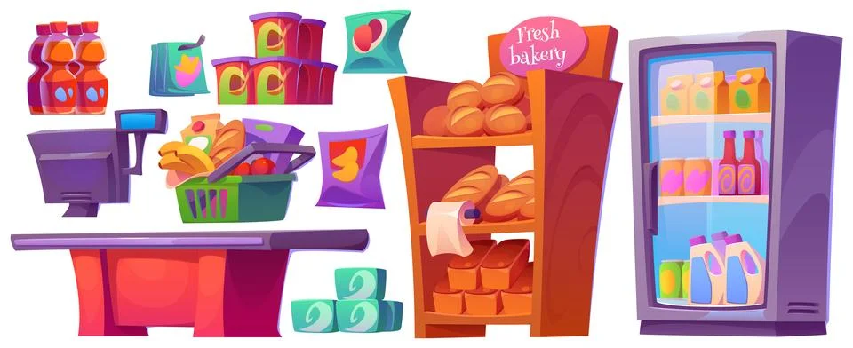 Supermarket interior design elements set 스톡 일러스트