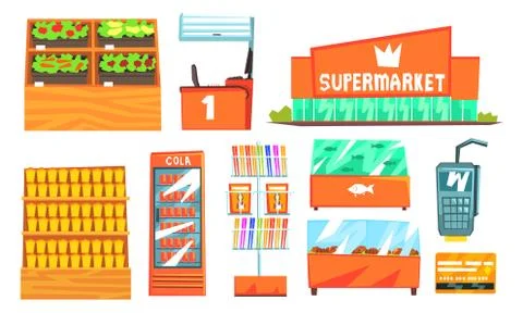 Supermarket Interior Elements Set, Building, Shelves, Showcases, Freezers Vector Stock Illustration