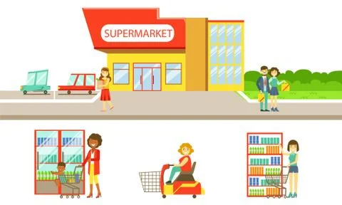 Supermarket Interior Elements Set, Building, Shelves, Showcase, Freezer, People Illustrazione stock