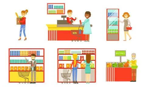 Supermarket Interior Elements Set, People Choosing and Buying Products in the Illustrazione stock