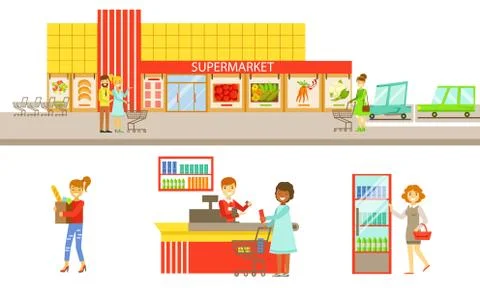 Supermarket Interior Elements Set, People Choosing and Buying Products in the Illustrazione stock