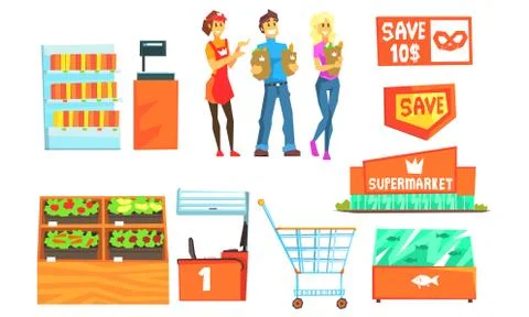 Supermarket Interior Elements Set, Supermarket Worker and Customers Who Choosing Illustrazione stock