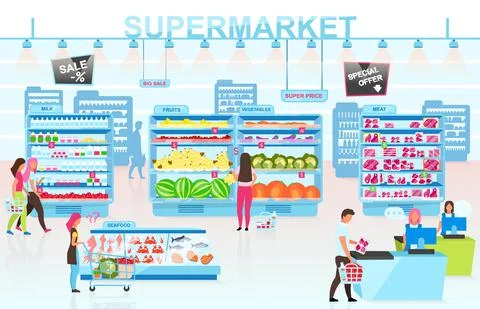 Supermarket interior flat vector illustration Illustrazione stock