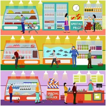 Supermarket interior vector illustration flat style. Customers buy products in Stock Illustration