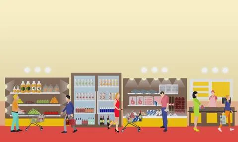 Supermarket interior vector illustration in flat style. Customers buy products Stock Illustration