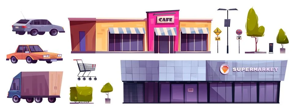Supermarket parking design elements set Ilustración de archivo