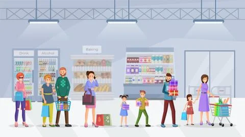 Supermarket queue flat vector illustration Stock Illustration