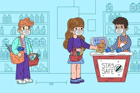 Supermarket queue with safety distance Stock Illustration