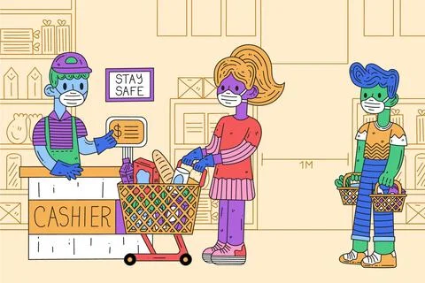 Supermarket queue with safety distance Illustrazione stock