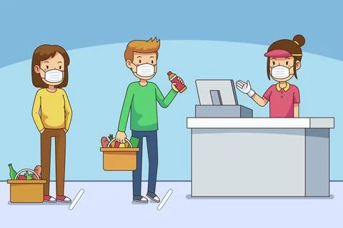 Supermarket queue with safety distance Illustrazione stock