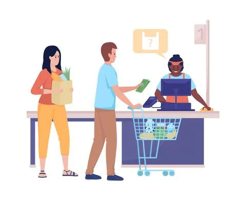 Supermarket queue semi flat color vector characters Stock Illustration