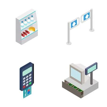Supermarket retail shopping elements set isometric illustration Stock Illustration