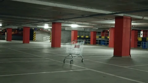 Supermarket Сart on an Empty Night Car Parking Video stock 80792880