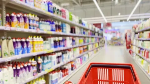 Supermarket shelves, blurred background, empty store Stock Footage 277218023
