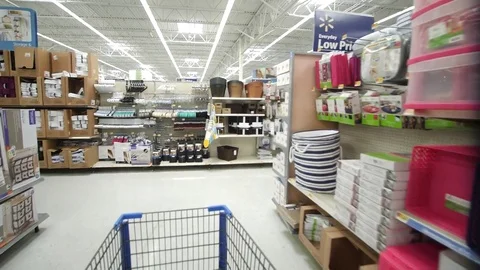 Supermarket Shopping Inside Walmart Aisle with canned food, dry snacks. Stock Footage