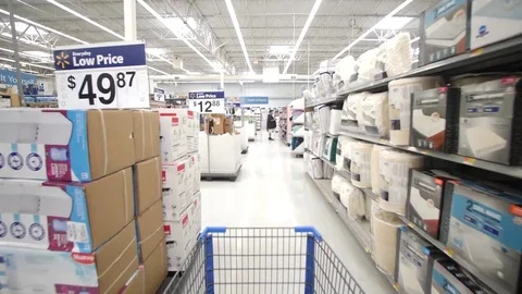 Supermarket Shopping Inside Walmart Aisle with canned food, dry snacks. Stock Footage