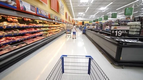 Supermarket Shopping Inside Walmart Aisle with canned food, dry snacks. Stock Footage