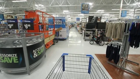 Supermarket Shopping Inside Walmart Aisle with canned food, dry snacks. Stock Footage