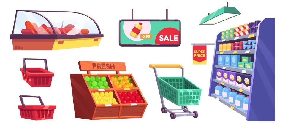 Supermarket, store and market shelves, baskets Stock Illustration